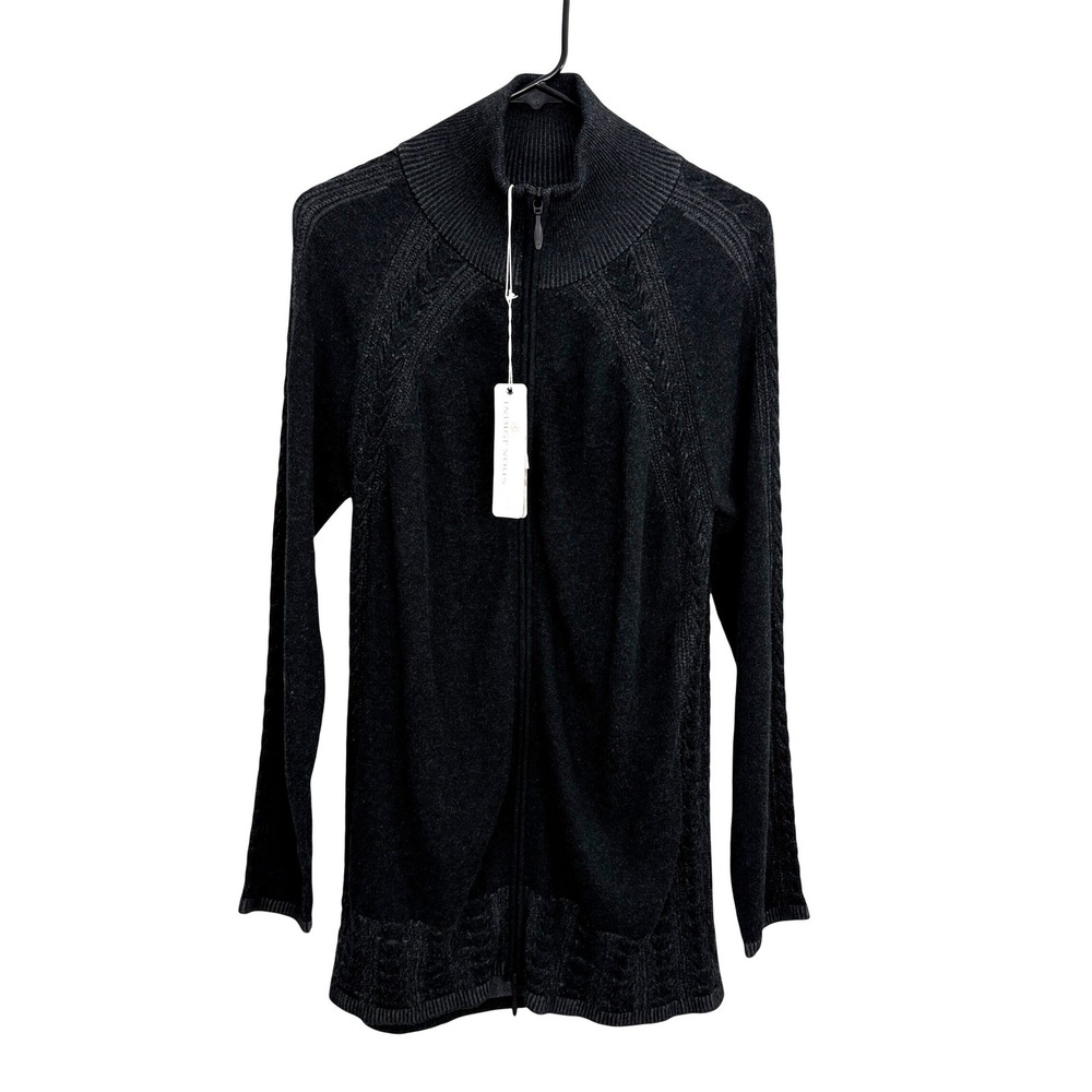 Indigenous Cardigan Womens L Black Organic Cotton Full Zip Mock Neck Sweater NWT